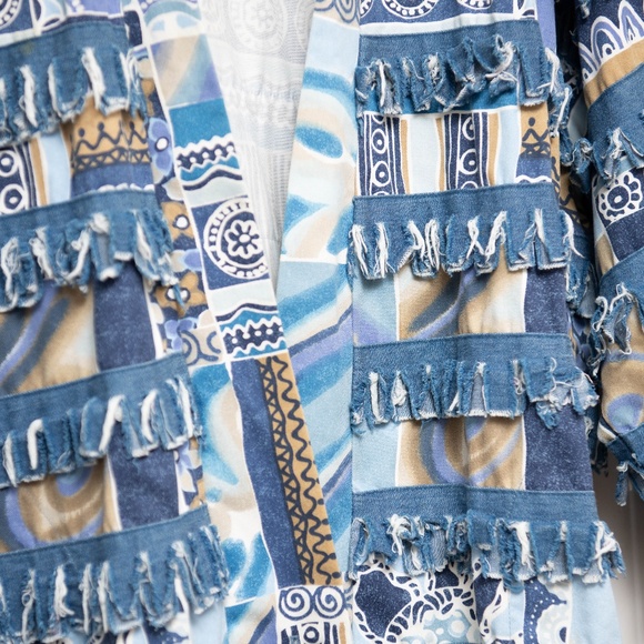 VTG Paula Sweet Light Denim Fringe Jacket Boho Art Pastel 2-Button 80's Jacket L - Picture 3 of 5